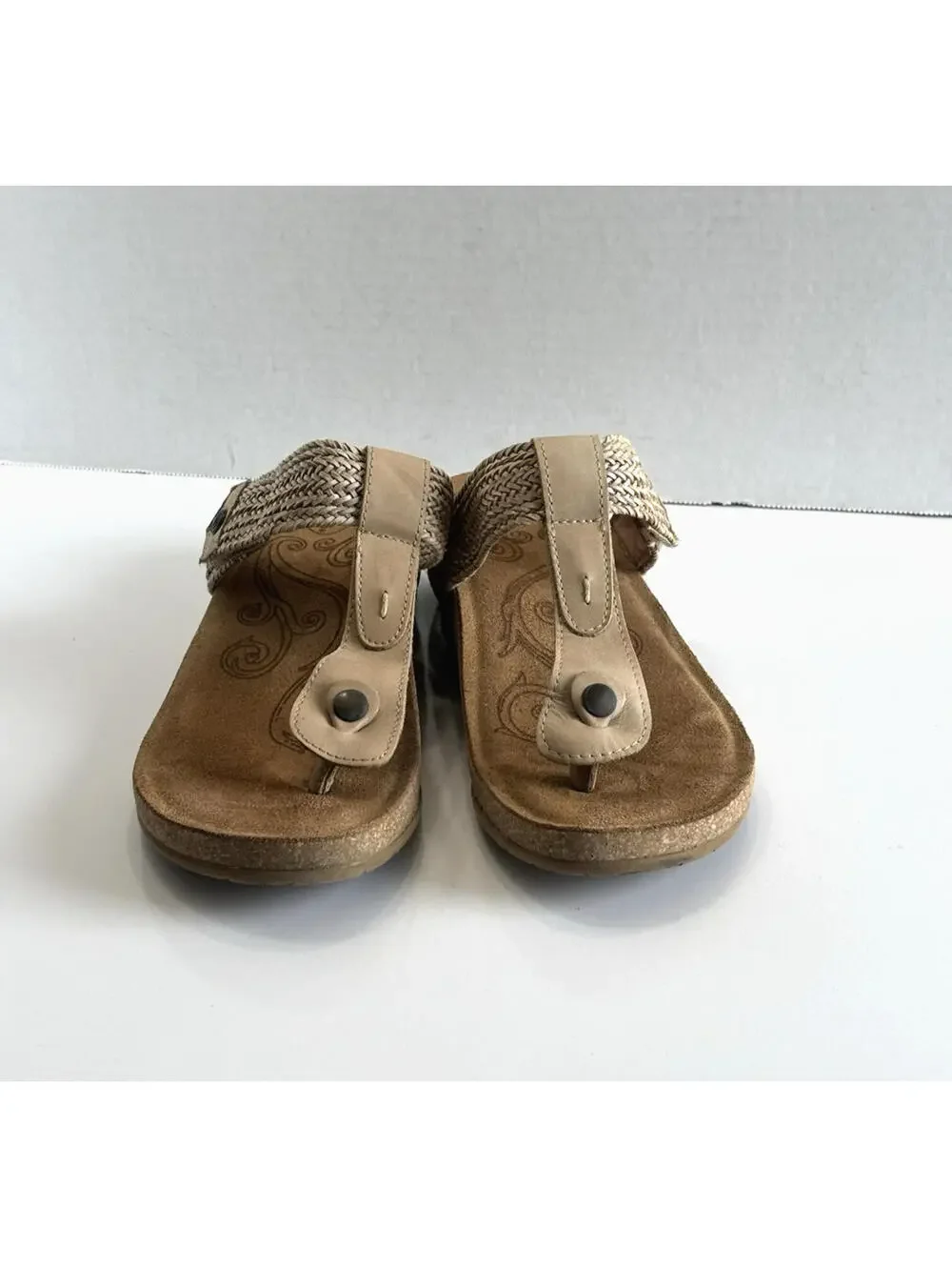 Taos Footwear Pam Women’s Size 9 Beige Woven Leather Thong Slide Sandals Cork - Picture 4 of 9
